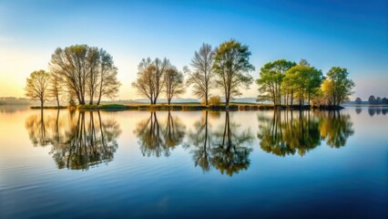 Obraz premium serene lake surface with tree silhouettes reflected, landscape, stillness, landscape, stillness, water, calmness, reflection