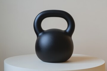 Black Kettlebell on White Round Table with Soft Focus Background for Fitness and Training Visuals