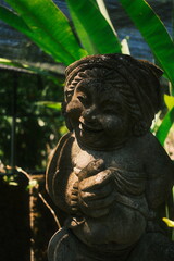 Obraz premium Smiling Stone Statue Amid Lush Green Foliage in a Garden Setting