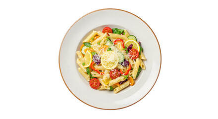 Serving of Pasta Salad with Vegetables and Lemon Slice
