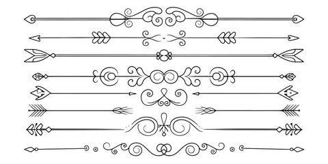 This image features a collection of decorative arrow and flourish dividers in a simple, elegant black and white style.