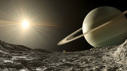 Saturn's rings viewed from a distant moon.