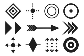 Varied black arrow and shape symbol set represents forward direction and navigation tools on white
