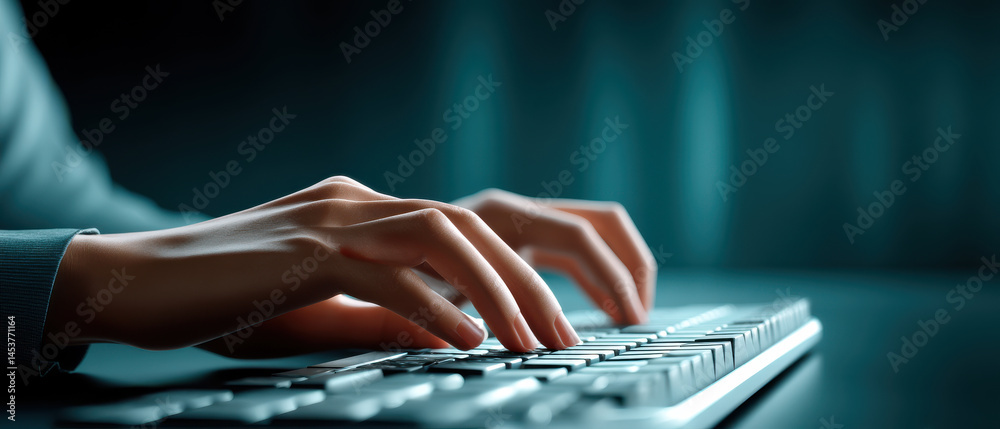 Poster hands typing on computer keyboard in low light, technology and productivity concept, focused and con