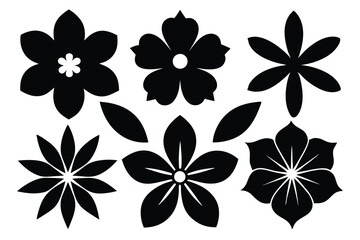 Various black flower icons alongside two leaves are displayed on the white background