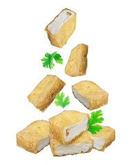Crispy golden tofu cubes with a crunchy shell and soft interior, garnished with fresh parsley on a white backdrop.