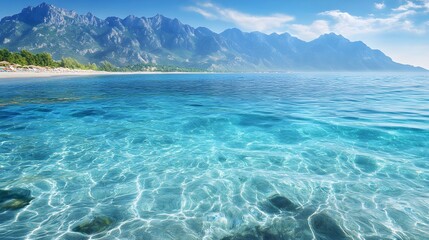 Obraz premium The crystal-clear turquoise waters and beach of Konyaaltı with Taurus Mountains in the background, Antalya