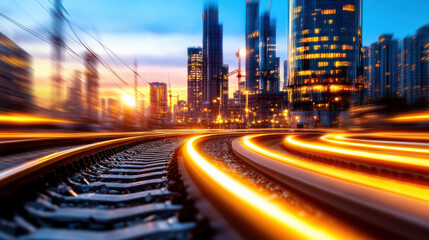 Fototapeta premium Vibrant cityscape sunset showcases glowing train tracks leading into bustling urban skyline, symbolizing progress and connectivity. dynamic scene captures essence of modern infrastructure