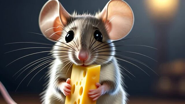 Cartoon gray mouse with big ears eating piece of yellow cheese with holes while holding it between her paws. Rodent enjoying its delicious food.