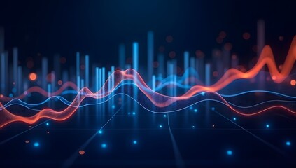 Fototapeta premium Futuristic financial chart with blue bar graphs and red wave lines over a digital network, representing market performance and data trends in business analytics
