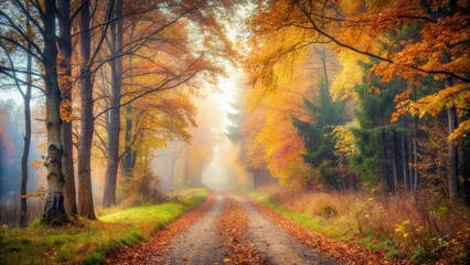 Obraz premium Autumn landscape, misty atmosphere, forest path, overcast sky, forest path, overcast sky