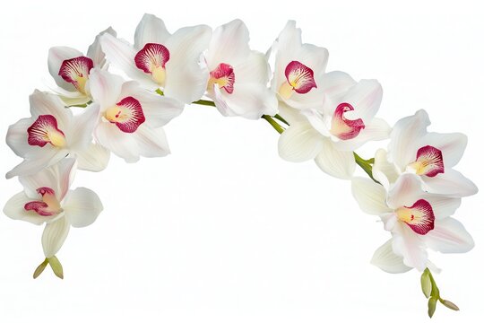 Elegant white orchids with pink accents arranged in a graceful arc on a soft backdrop