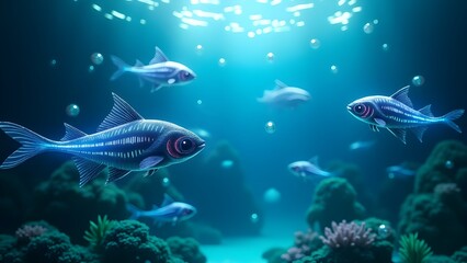 Fototapeta premium Digital Ocean with Data Fish Swimming in a Virtual Reality Aquarium