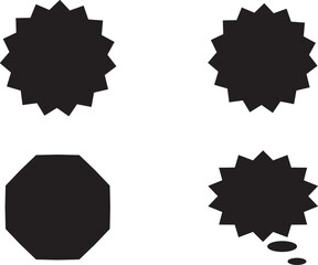 A set of black shopping stickers, silhouette vector badges, labels, gears, and abstract shapes.

