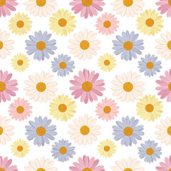 Daisy flower seamless pattern on blue background. Ditsy floral print with tiny chamomile great for fashion fabric, home decor textile and wallpaper. Vector