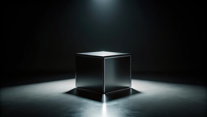 A black cube-shaped object is isolated within a square frame against a dark and mysterious background , box, mystery,  box