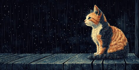 Tricolor cartoon cat on a wet porch, rain softly falling onto the wooden planks below. For kids' literature, cards, and projects.