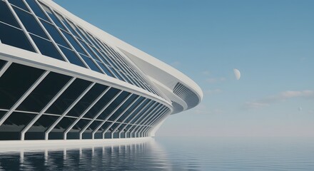 The curved corner of a futuristic tower, combining sleek metal and flowing glass panels.