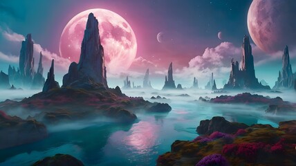 fantasy landscape with moon and high mountains