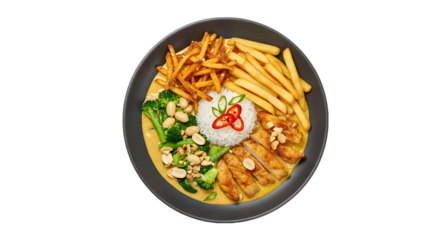 Serving Curry Chicken with Rice, French Fries, and Broccoli