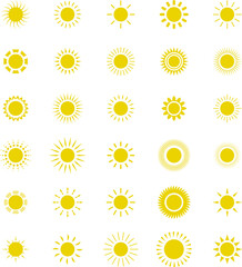 Sun icon set. Yellow sun star icons or logo collection. Summer, sunlight, sunset, sunburst illustration.