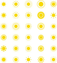 Sun icon set. Yellow sun star icons or logo collection. Summer, sunlight, sunset, sunburst illustration.