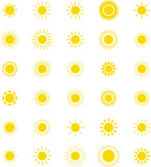 Sun icon set. Yellow sun star icons or logo collection. Summer, sunlight, sunset, sunburst illustration.
