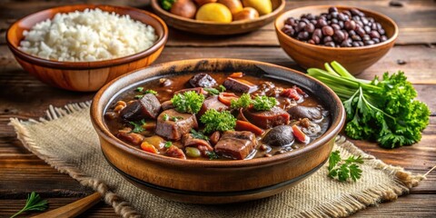 Hearty bowl of feijoada stew served with rice and farofa , traditional, black bean,  traditional, black bean, brazilian