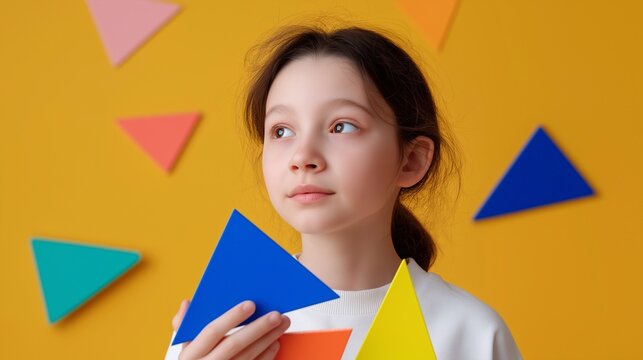 Portrait of a thoughtful girl with ADHD holding colorful triangles on a yellow background, symbolizing play therapy, childhood focus, emotional development, and neurodiversity support.