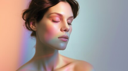 Fototapeta premium Calm woman with glowing skin, pastel light on face, closed eyes. Concept of beauty, skincare, aura, mental health, peace, self-care, and emotional balance.