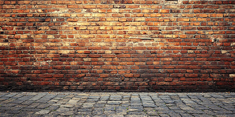 A photo of an old brick wall with cobblestone ground.