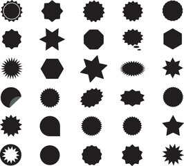 A set of black shopping stickers, silhouette vector badges, labels, gears, and abstract shapes.

