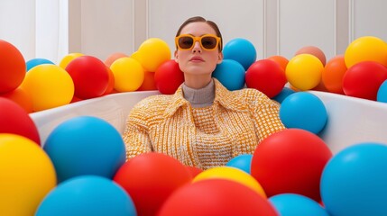 Portrait of a calm adult surrounded by vivid sensory stimuli, symbolizing ADHD, sensory overload, and neurodivergent perception. Conceptual image of focus, regulation, and sensory experience.