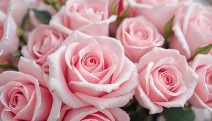 Fototapeta premium Charming Collection of Pastel Pink Roses in Full Bloom, Evoking Delicate Beauty and Natural Elegance