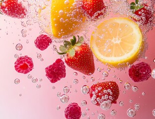 Fresh fruits in bubbly water, vibrant colors