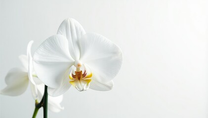 Obraz premium Delicate white orchid blossom against pure white backdrop, photography, spring, nature