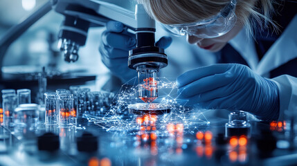 Scientist in laboratory is using microscope to examine samples, surrounded by digital data and glowing elements, symbolizing advanced biotechnology and gene editing