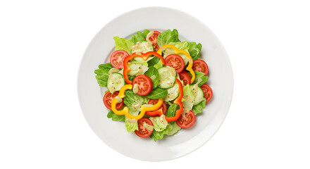 Serving fresh salad on white plate with tomatoes and peppers