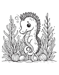 Coloring book kawaii seahorse nestled among seaweed and bubbles on the seabed