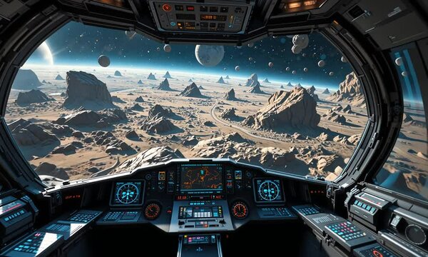 Spaceship cockpit interior with detailed controls flying over rocky cratered alien planet surface. Sci-fi exploration atmosphere