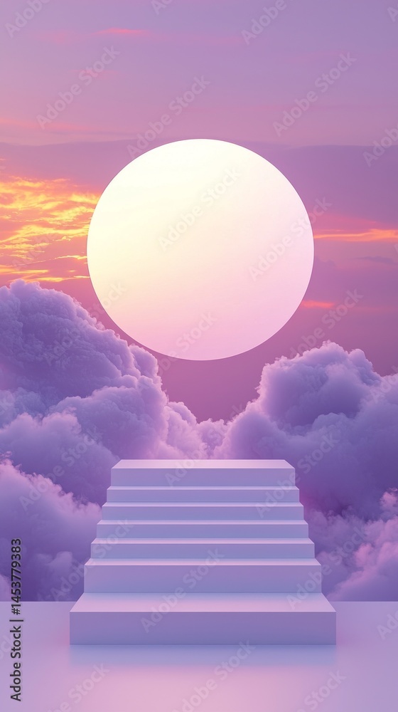Poster a surreal landscape features a staircase ascending toward a large glowing sphere suspended in a colo
