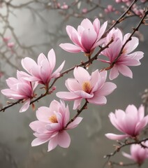 Obraz premium Delicate pink magnolia blossoms on a branch against a blurred background , flower photography, flower