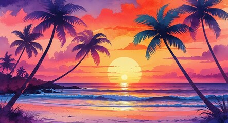 Beach sunset with palm trees on watercolor deep oranges pinks and purples