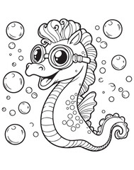 Coloring book seahorse wearing goggles surrounded by bubbles. A fun and stylish underwater scene