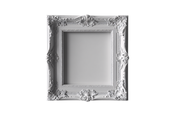 Elegant white picture frame with baroque-style floral carvings and a deep recessed center panel, isolated on a transparent background