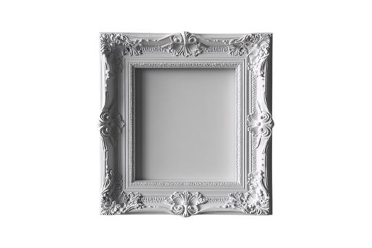 Elegant white picture frame with baroque-style floral carvings and a deep recessed center panel, isolated on a transparent background