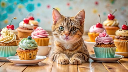 A small feline friend rests beside a mouthwatering dessert with creamy frosting and vibrant colors, surrounded by sweet treats and utensils, kitchen decor, treats
