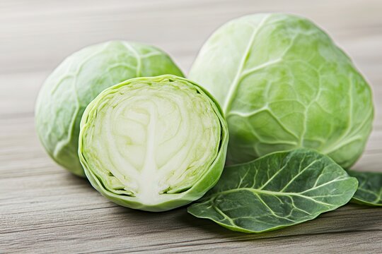 Fresh green cabbage heads and sliced cabbage on a wooden surface, showcasing freshness