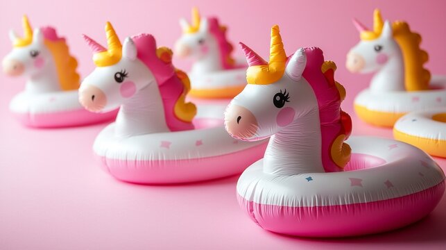 Brightly colored inflatable unicorn pool floats are lined up against a soft pink backdrop, perfect for summer festivities and poolside relaxation. Their whimsical design adds joy to any gathering