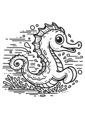 Coloring book Speedy kawaii seahorse swimming quickly through bubbly water.